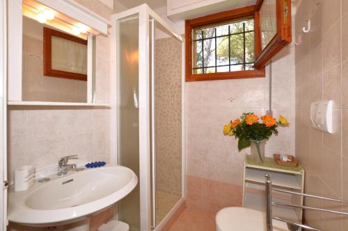 蓬塔阿拉Villetta Il Pino的一间带水槽和卫生间的浴室以及窗户。