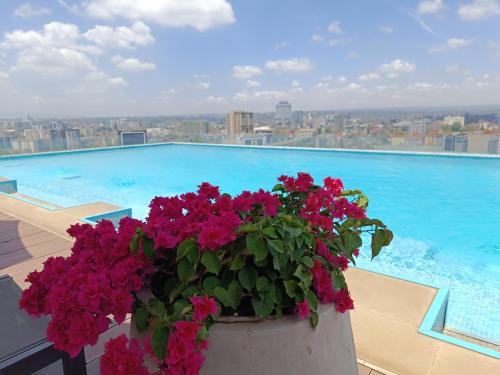 内罗毕Skynest Residences by Lisa's Paradise A的阳台上的鲜花盛开,设有游泳池