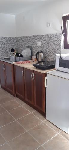 克拉西奇Studio Happy Montenegro的厨房配有木制橱柜和台面