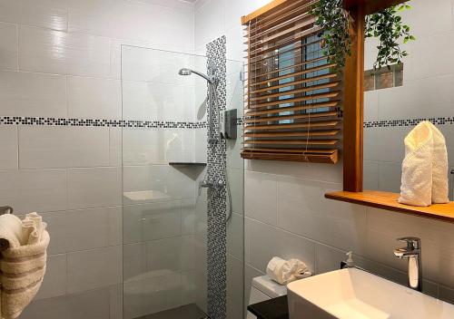 喀巴里特卡巴雷巴伊亚公寓式酒店的带淋浴和盥洗盆的浴室