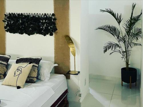 萨尔瓦特拉Pousada Reloday的一间卧室配有一张床和盆栽植物