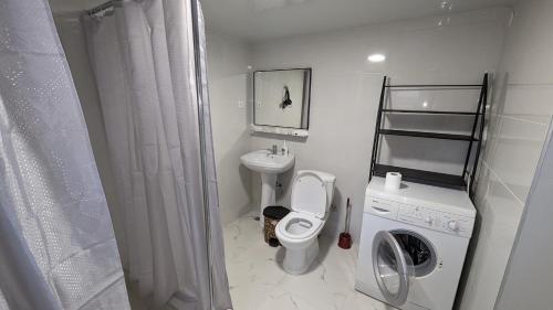 姆茨赫塔White Orchid的白色的浴室设有卫生间和洗衣机。