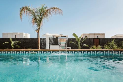 普拉亚布兰卡Villa Faro的一个棕榈树背景的大型游泳池