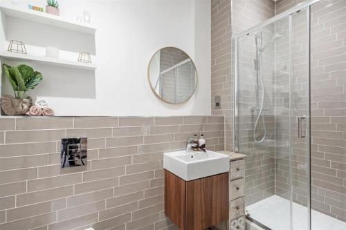 索利赫尔Solihull Town Centre Spacious Studio Apartment的一间带水槽和淋浴的浴室
