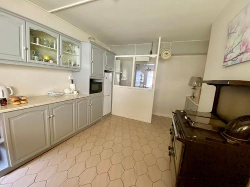 德拉姆尚博Canice Mooney Self Catering Holiday Home的厨房配有白色橱柜和炉灶。