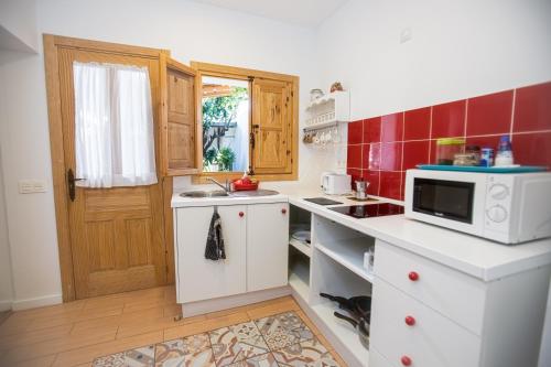 伊科德洛斯维诺斯Espacio Antares的厨房配有白色的柜台和微波炉。