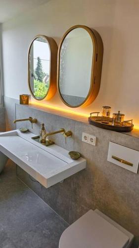 慕尼黑Neubau stilvolle Dachgeschoss City Wohnung的一间带水槽和两面镜子的浴室