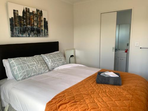蒂阿瑙A Beauty on Bligh St Te Anau的一间卧室配有一张带橙色毯子的床