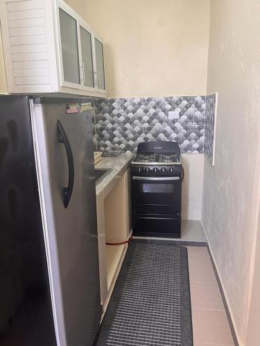 圣多明各APARTAMENTO ZONA COLONIAL R的小厨房配有炉灶和冰箱