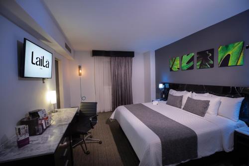 墨西哥城LaiLa Hotel CDMX Reforma的酒店客房配有一张床、一张书桌和一台电视。