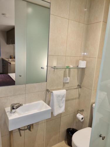墨尔本Melbourne ViVo的一间带水槽、卫生间和镜子的浴室