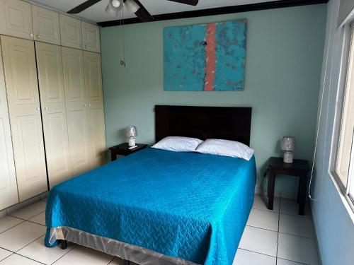 圣萨尔瓦多MonBlanc的一间卧室配有一张带蓝色床罩的床