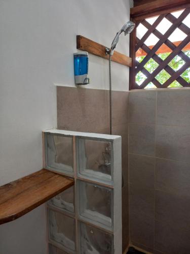 别霍港Pagalù Hostel的带淋浴的浴室(带玻璃橱柜)