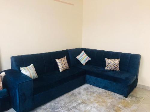 内罗毕Citux Homes的客厅配有带枕头的蓝色沙发