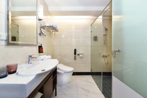 龟山乡福容徕旅 林口的浴室配有卫生间、盥洗盆和淋浴。