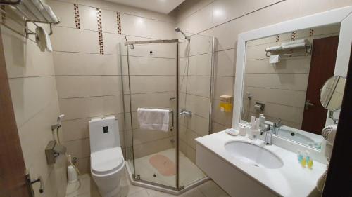 延布منتجع شاطئ الدولفين للإيواء السياحي的带淋浴、盥洗盆和卫生间的浴室