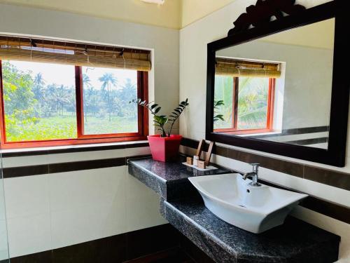 瓦尔卡拉Maadathil Cottages & Beach Resort的一间带水槽和镜子的浴室