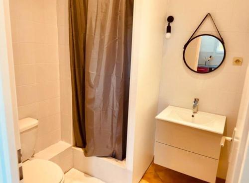 滨海卡瓦莱尔CAVALOC T2 terrasse vue colline的一间带水槽、卫生间和镜子的浴室