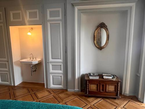 纳沙泰尔Le Faubourg 29的一间带水槽和镜子的浴室
