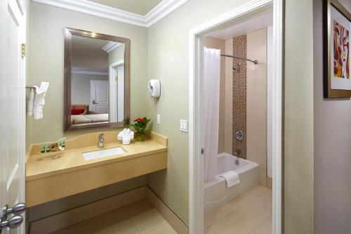 安纳海姆梅因盖特艾登洛克套房宾馆的一间带水槽、浴缸和镜子的浴室