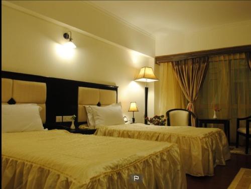 大吉岭Darjeeling La Resort的酒店客房设有两张床和窗户。