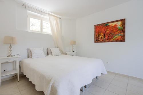 日内瓦Residence Mont-Blanc Apartment的白色的卧室配有白色的床和墙上的绘画作品