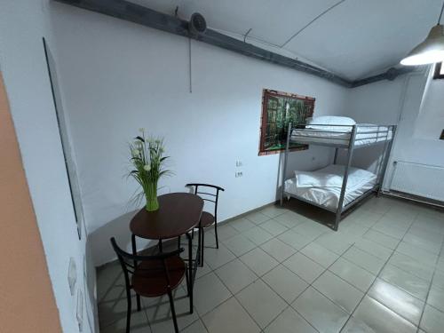 布加勒斯特Piata Uniri Cozy Inn的客房设有桌椅和一张双层床。
