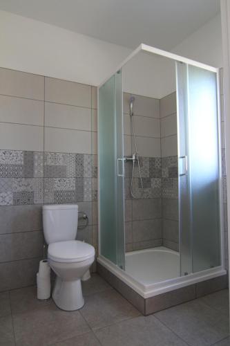 Horní TěrlickoTrdlovy Apartmány a Chata Tatranec v areálu Jaškovské krčmy的一间带卫生间和玻璃淋浴间的浴室