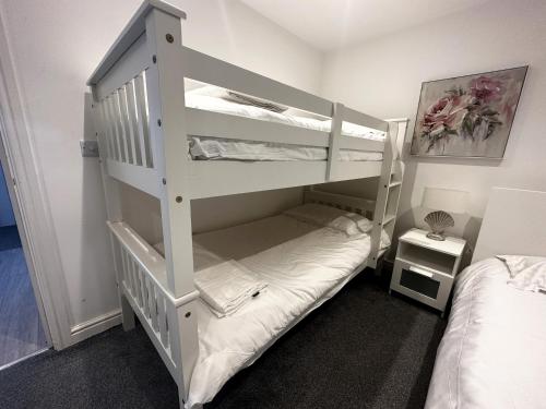 基德灵顿Evergreen Lodge - Two Bed Lux Flat - Parking, Garden, Patio, WIFI, Netflix - Close to Blenheim Palace & Oxford - F3的配有一张床铺的客房内的一张白色双层床
