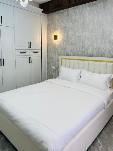 TürkistanKERUEN SARAY APARTMENTS 20/2的卧室配有白色的床和白色橱柜。