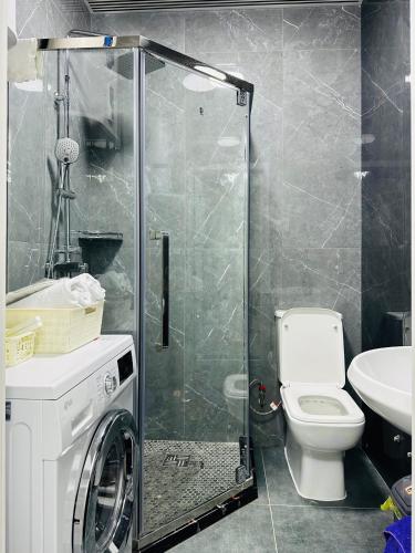TürkistanKERUEN SARAY APARTMENTS 20/2的带淋浴、卫生间和盥洗盆的浴室