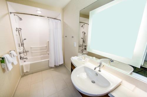 兰伯顿兰伯顿春季山丘套房酒店的浴室配有水槽、淋浴和浴缸。