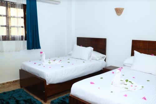 卢克索Jasmine Nile apartments的两张位于酒店客房的床,上面有鲜花