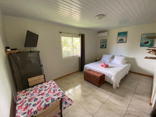 TaravaoTAHITI - Bungalow Toah Piti的一间卧室配有两张床和电视。