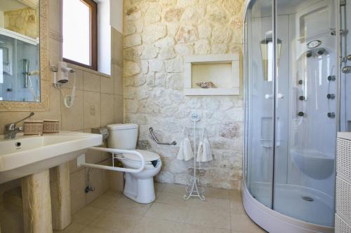 ChavriátaVilla Ydria的带淋浴、卫生间和盥洗盆的浴室