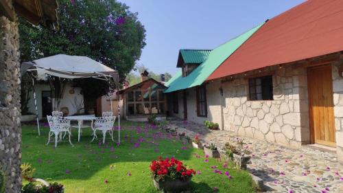 圣米格尔雷格拉Cabañas Los Cactus的房屋设有庭院、椅子和遮阳伞
