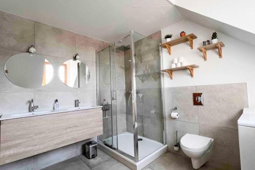 欧塞尔Charme plein cœur Auxerre - parking privé的带淋浴、卫生间和盥洗盆的浴室