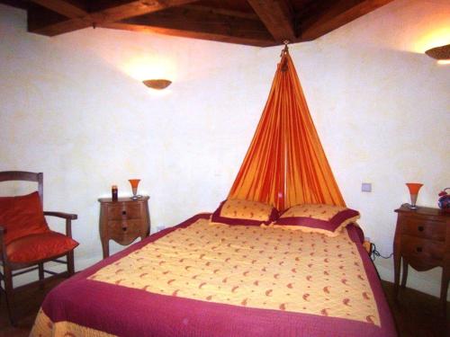 Castelnaud-de-GratecambeMoulin De Rouzé的一间卧室配有一张橙色蚊帐
