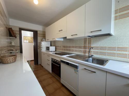 平佐洛Appartamenti Residenza Alpina的厨房配有白色橱柜和水槽
