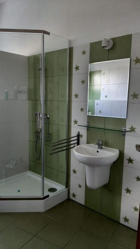 波兹南Apartament Piątka / Poznań Piątkowo的一间带玻璃淋浴和水槽的浴室