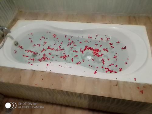 哈夫洛克岛Gold India Beach Resort的白色浴缸,上面装有红色的喷水装置