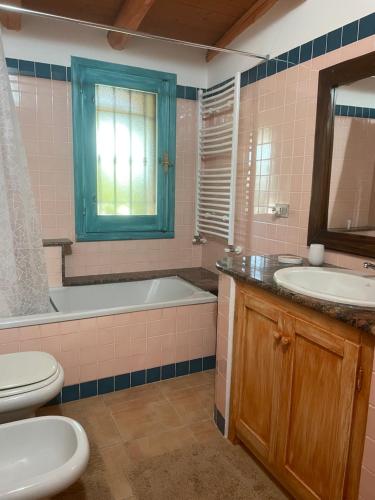 奥罗塞伊Villetta Santa Maria的带浴缸、卫生间和盥洗盆的浴室