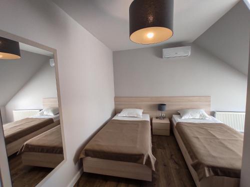 伊兹梅尔VIP Hotel的小房间设有两张床和镜子
