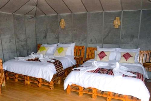 Desert camp的帐篷内带三张床的房间