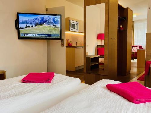 上柯尼希山麓米尔巴赫伯格特里普公寓的酒店客房设有两张床和一台平面电视。