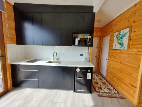瓦尔帕莱索Mini casa en lo alto de la montaña的厨房配有黑色橱柜和水槽