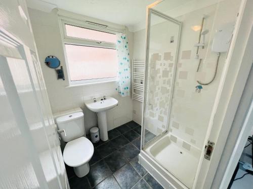 Brading2 Bedroom Chalet SB84, Sandown Bay, Dog Friendly的浴室配有卫生间、盥洗盆和淋浴。