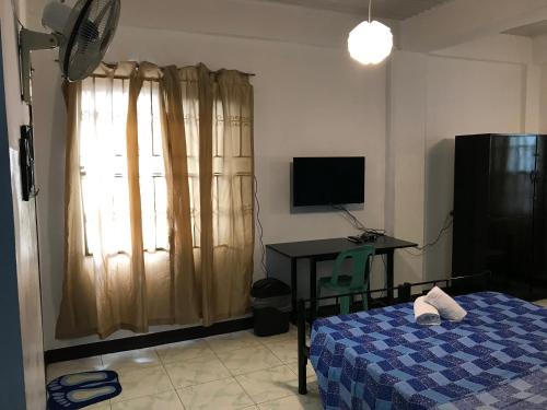 达斯马里尼亚斯Aladino Hostel的一间卧室配有一张床、一张书桌和一台电视
