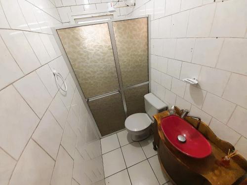 南圣克鲁斯Central APTO Santa Cruz do Sul的一间带红色盥洗盆和卫生间的浴室