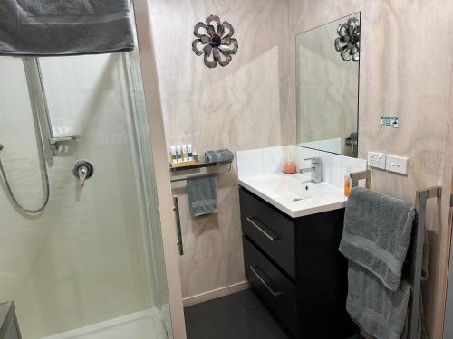 TapuTe Mata Bay Seaviews的带淋浴、盥洗盆和镜子的浴室